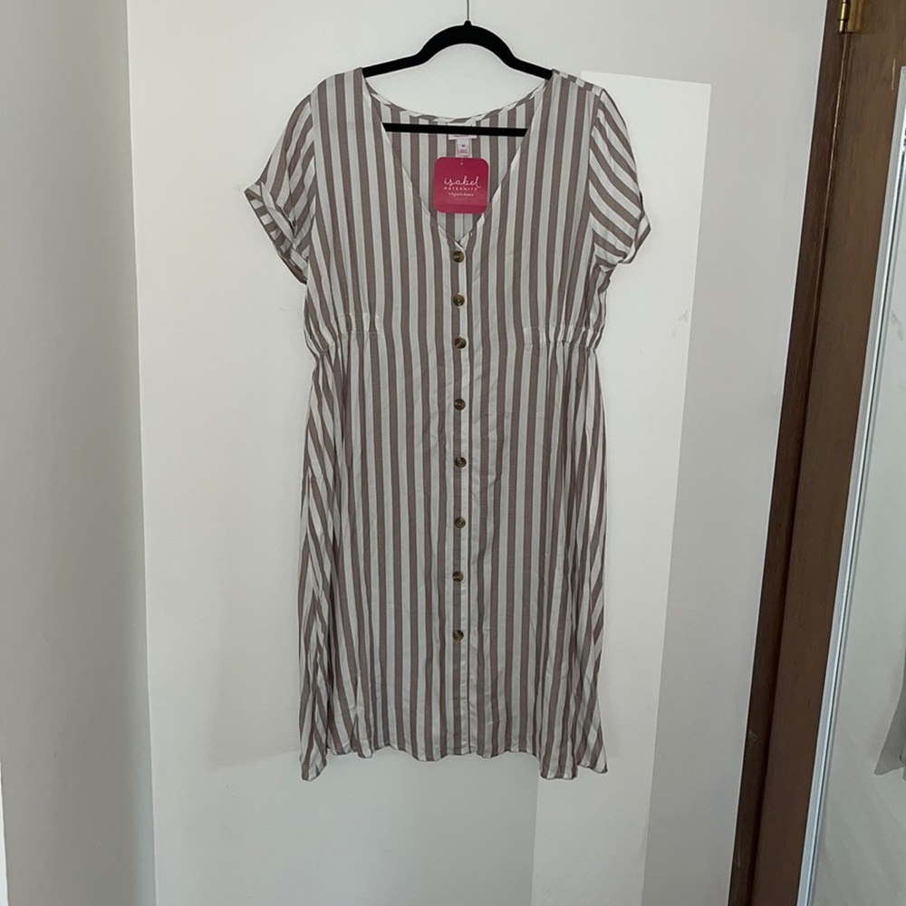 Maternity dress, stripes, button down, pockets, short sleeves, mid length